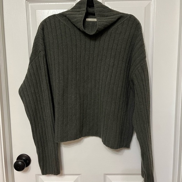OPEN EDIT Cotton Blend Rib Funnel Neck Sweater In Olive Ivy large - Picture 2 of 6